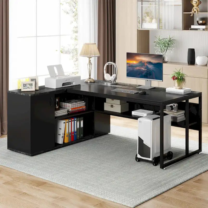 Bureau de direction de 180 cm, bureau en L avec armoire et étagères pour bureau à domicile