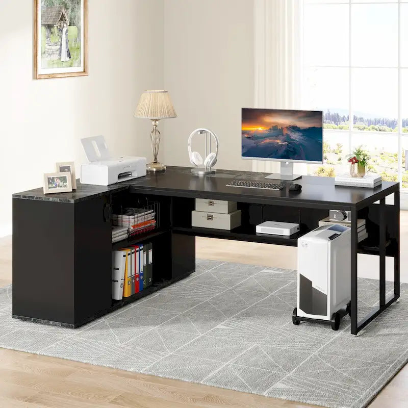 Bureau de direction de 180 cm, bureau en L avec armoire et étagères pour bureau à domicile