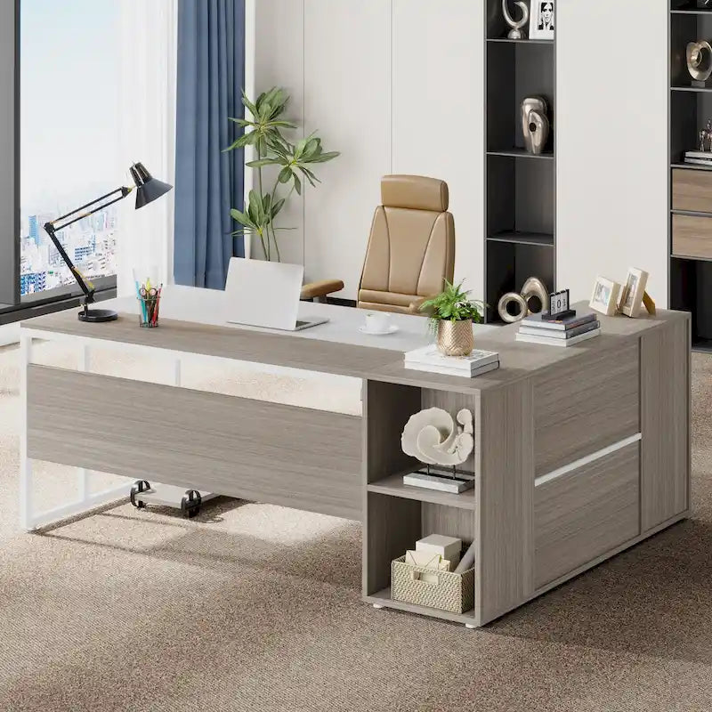 Bureau de direction de 180 cm, bureau en L avec armoire et étagères pour bureau à domicile