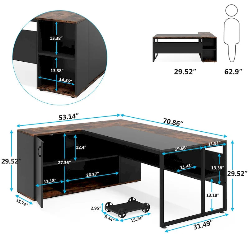 Bureau de direction de 180 cm, bureau en L avec armoire et étagères pour bureau à domicile