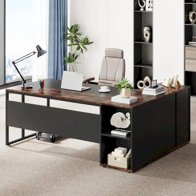 Bureau de direction de 180 cm, bureau en L avec armoire et étagères pour bureau à domicile