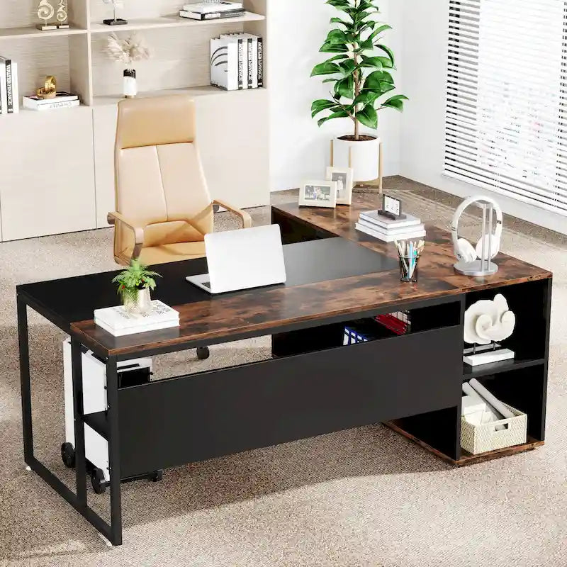Bureau de direction de 180 cm, bureau en L avec armoire et étagères pour bureau à domicile