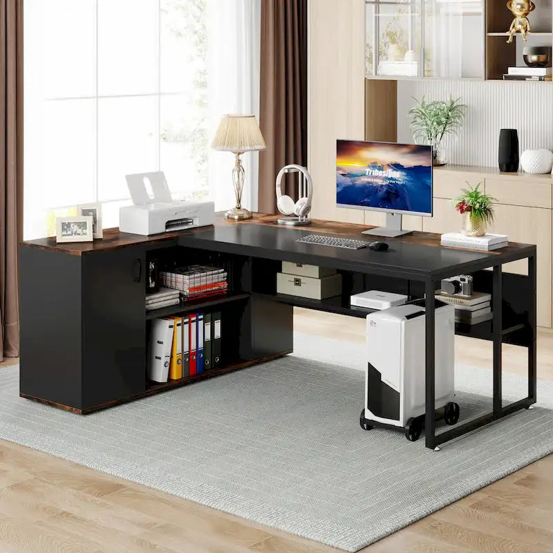 Bureau de direction de 180 cm, bureau en L avec armoire et étagères pour bureau à domicile