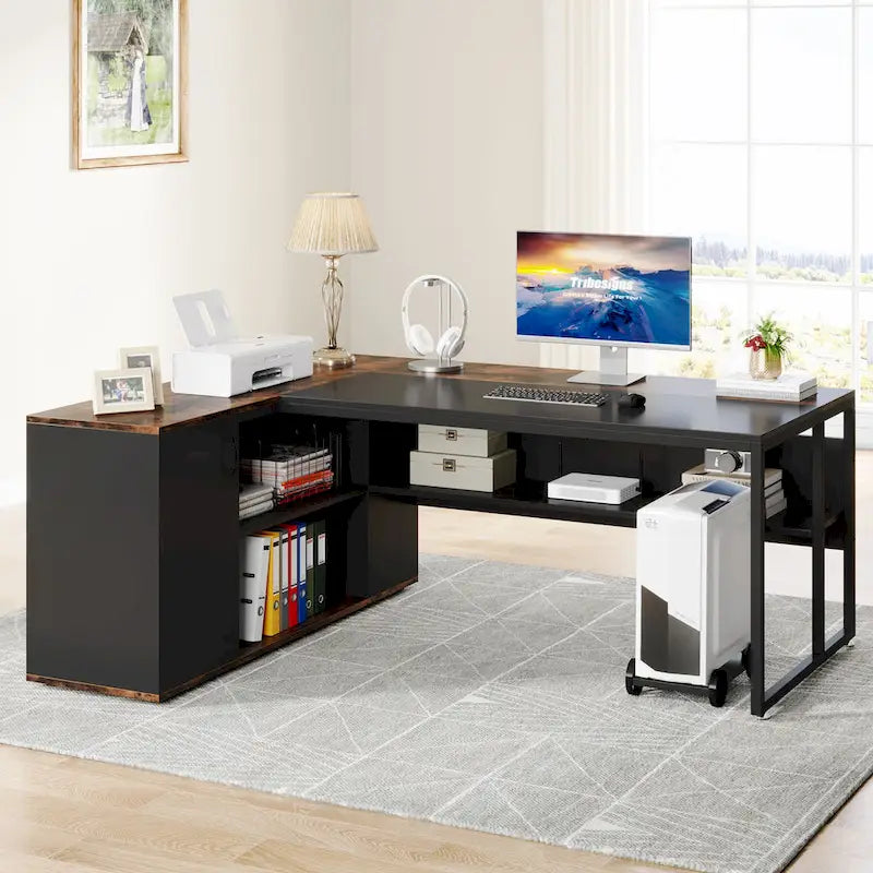Bureau de direction de 180 cm, bureau en L avec armoire et étagères pour bureau à domicile