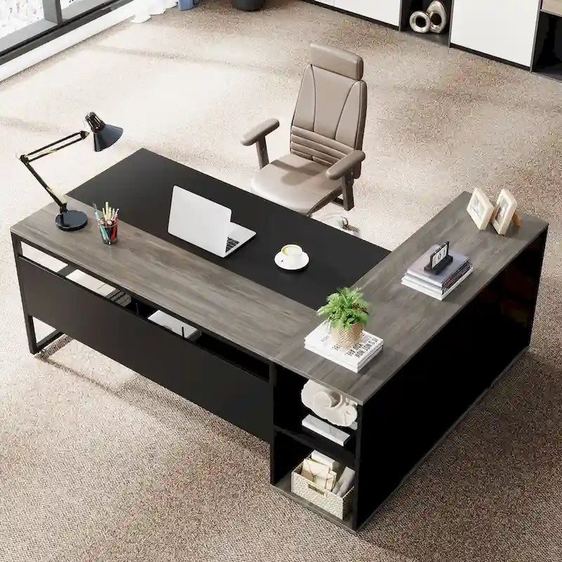 Bureau de direction de 180 cm, bureau en L avec armoire et étagères pour bureau à domicile