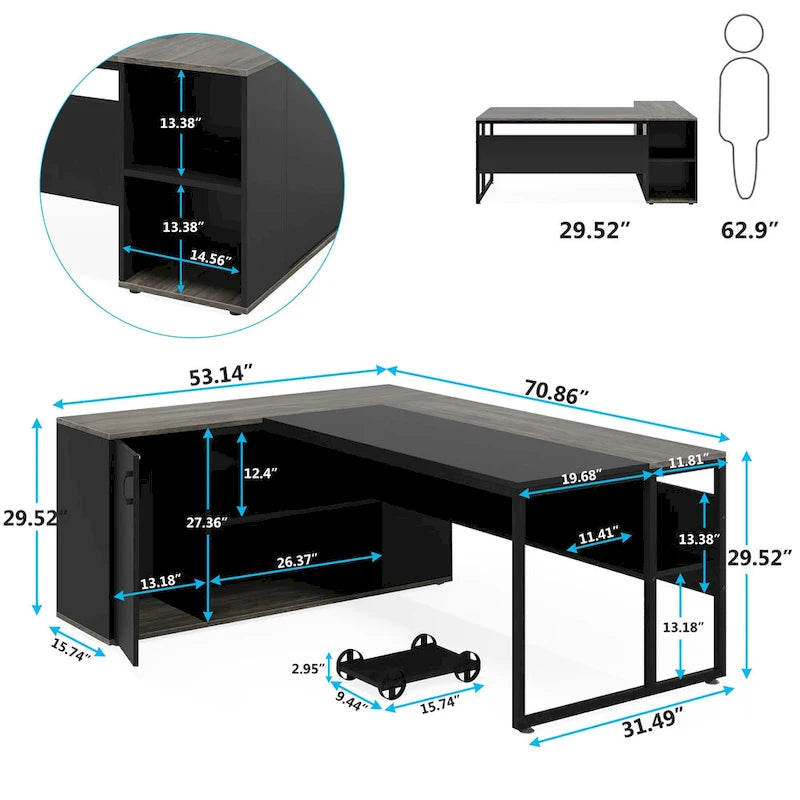 Bureau de direction de 180 cm, bureau en L avec armoire et étagères pour bureau à domicile