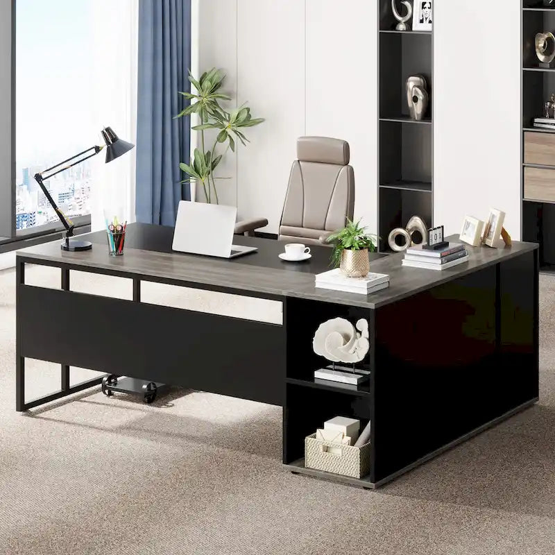 Bureau de direction de 180 cm, bureau en L avec armoire et étagères pour bureau à domicile