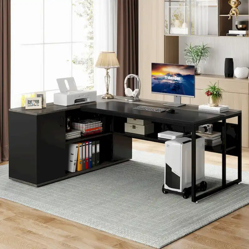 Bureau de direction de 180 cm, bureau en L avec armoire et étagères pour bureau à domicile