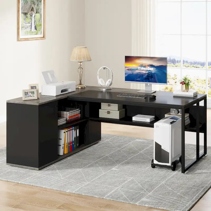Bureau de direction de 180 cm, bureau en L avec armoire et étagères pour bureau à domicile