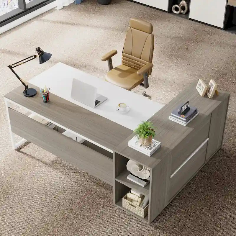 Bureau de direction de 180 cm, bureau en L avec armoire et étagères pour bureau à domicile