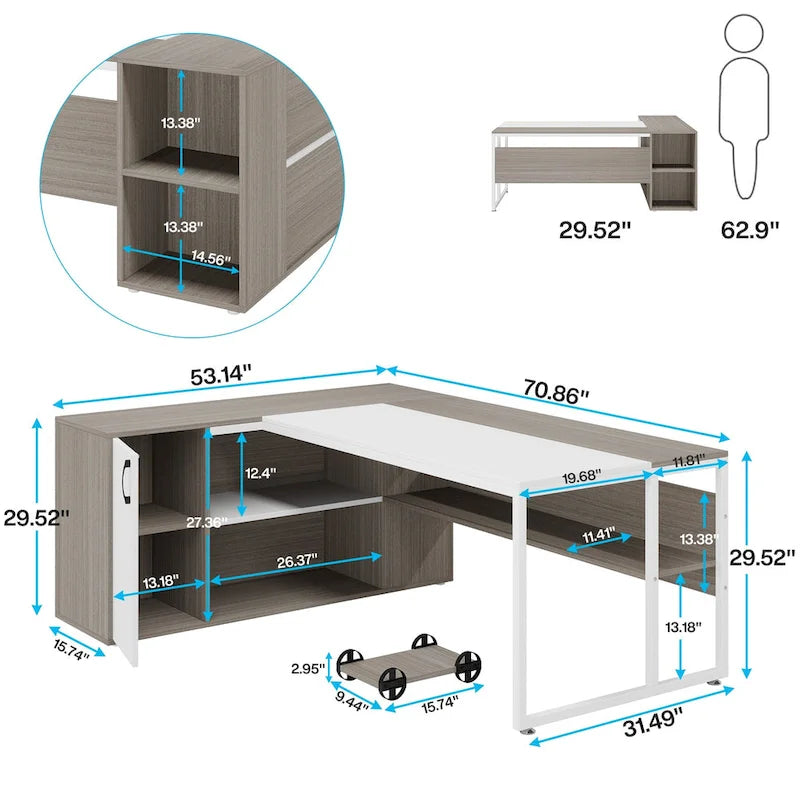 Bureau de direction de 180 cm, bureau en L avec armoire et étagères pour bureau à domicile