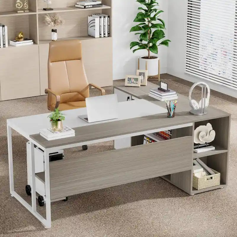 Bureau de direction de 180 cm, bureau en L avec armoire et étagères pour bureau à domicile