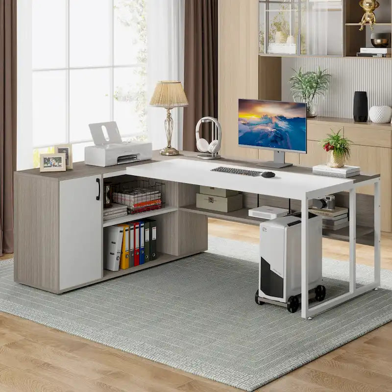 Bureau de direction de 180 cm, bureau en L avec armoire et étagères pour bureau à domicile