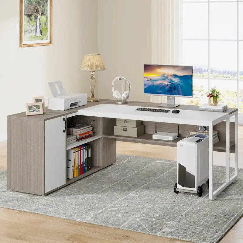 Bureau de direction de 180 cm, bureau en L avec armoire et étagères pour bureau à domicile
