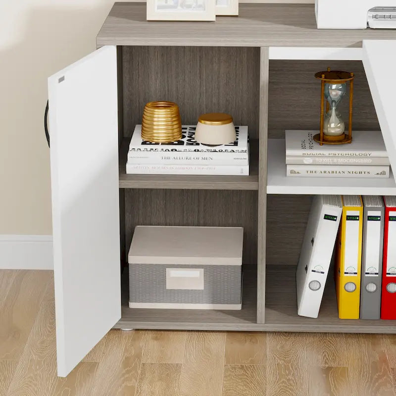 Bureau de direction de 180 cm, bureau en L avec armoire et étagères pour bureau à domicile