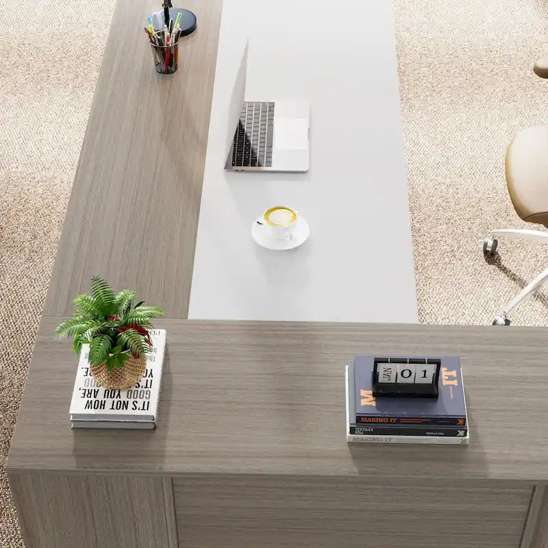 Bureau de direction de 180 cm, bureau en L avec armoire et étagères pour bureau à domicile