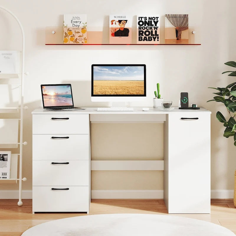 Bureau à Domicile 135 cm avec Ports USB, Prises et Tiroirs de Rangement