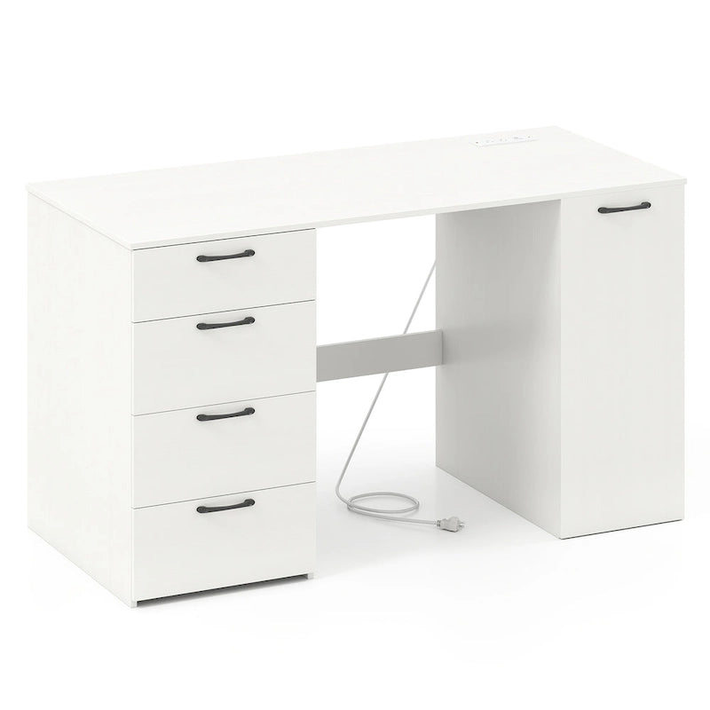 Bureau à Domicile 135 cm avec Ports USB, Prises et Tiroirs de Rangement