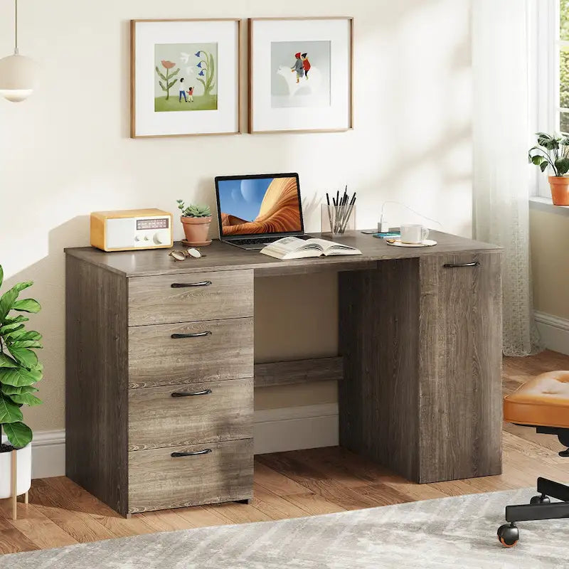 Bureau à Domicile 135 cm avec Ports USB, Prises et Tiroirs de Rangement