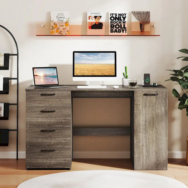 Bureau à Domicile 135 cm avec Ports USB, Prises et Tiroirs de Rangement