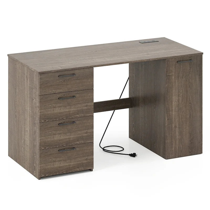Bureau à Domicile 135 cm avec Ports USB, Prises et Tiroirs de Rangement