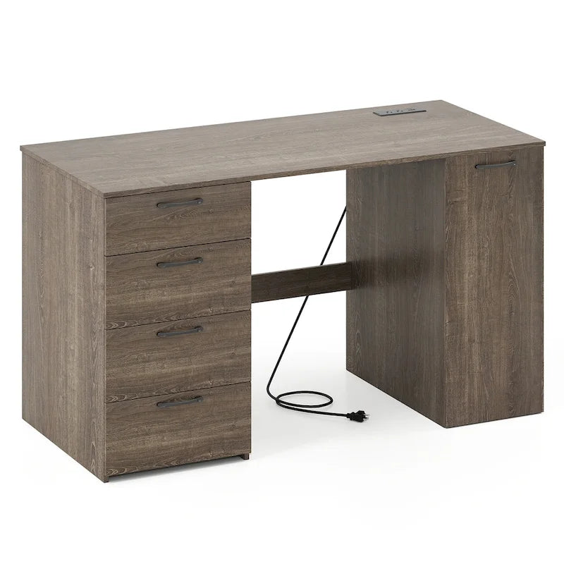 Bureau à Domicile 135 cm avec Ports USB, Prises et Tiroirs de Rangement