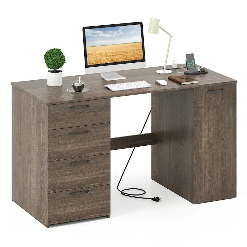 Bureau à Domicile 135 cm avec Ports USB, Prises et Tiroirs de Rangement