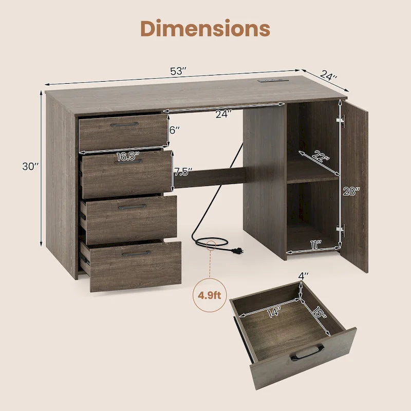 Bureau à Domicile 135 cm avec Ports USB, Prises et Tiroirs de Rangement