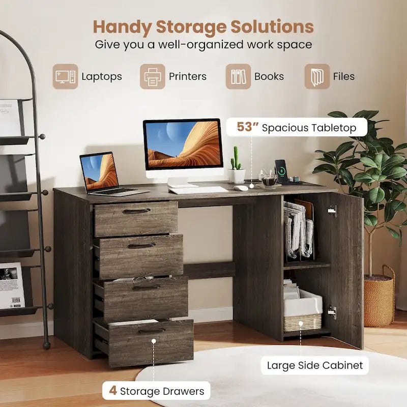 Bureau à Domicile 135 cm avec Ports USB, Prises et Tiroirs de Rangement