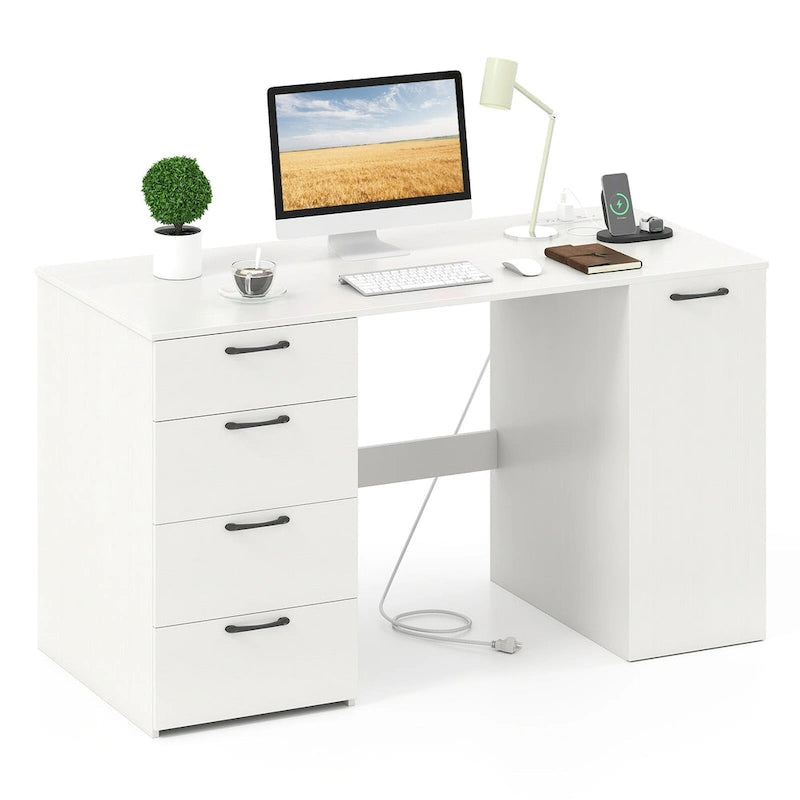 Bureau à Domicile 135 cm avec Ports USB, Prises et Tiroirs de Rangement