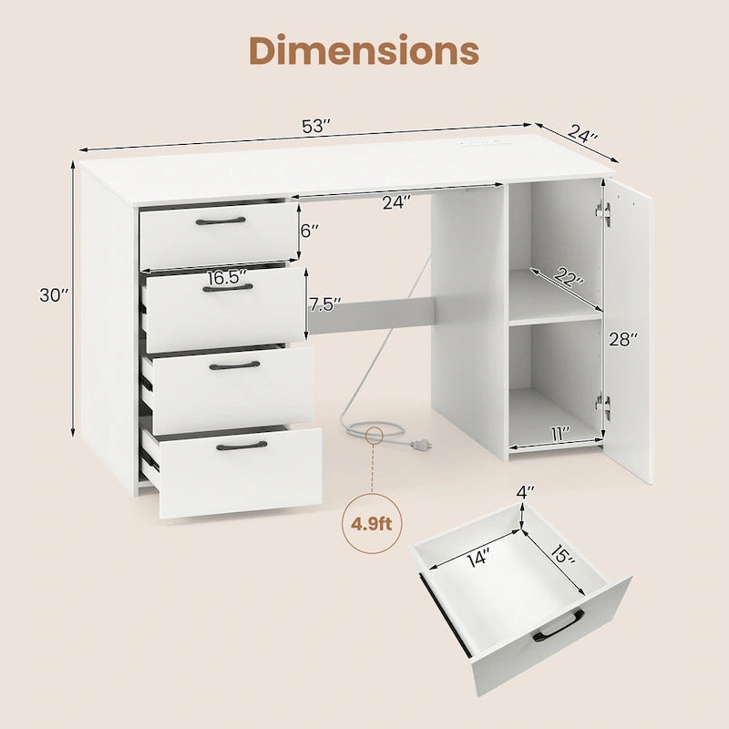 Bureau à Domicile 135 cm avec Ports USB, Prises et Tiroirs de Rangement