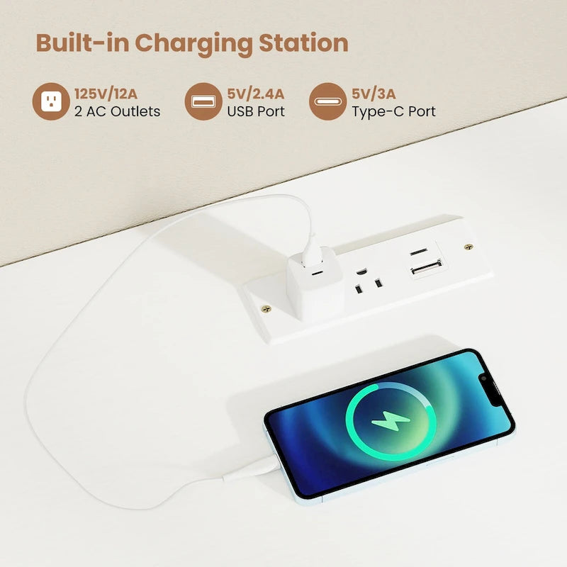 Bureau à Domicile 135 cm avec Ports USB, Prises et Tiroirs de Rangement