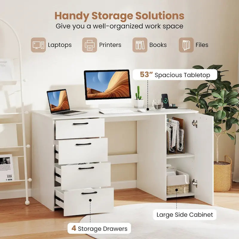 Bureau à Domicile 135 cm avec Ports USB, Prises et Tiroirs de Rangement