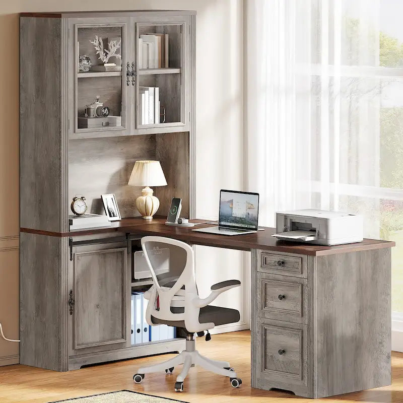 Bureau d'angle avec rangement et tiroirs Moasis Farmhouse pour ordinateur