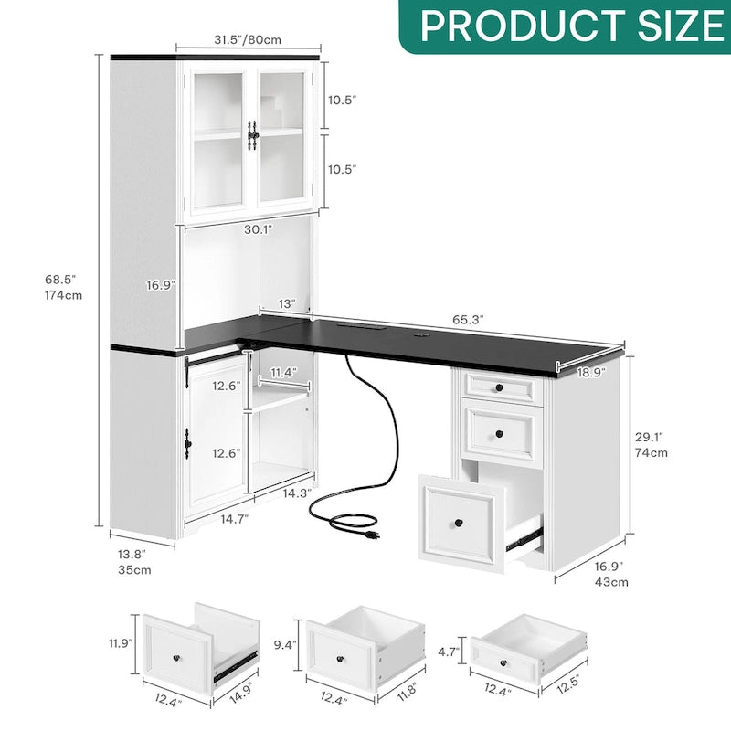 Bureau d'angle avec rangement et tiroirs Moasis Farmhouse pour ordinateur