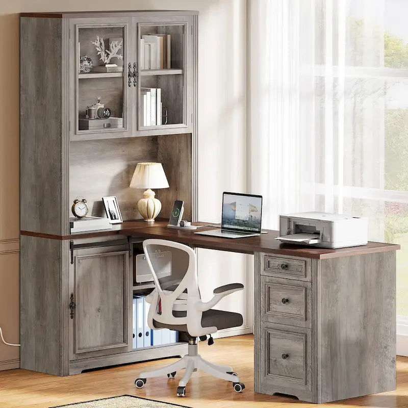 Bureau d'angle avec rangement et tiroirs Moasis Farmhouse pour ordinateur