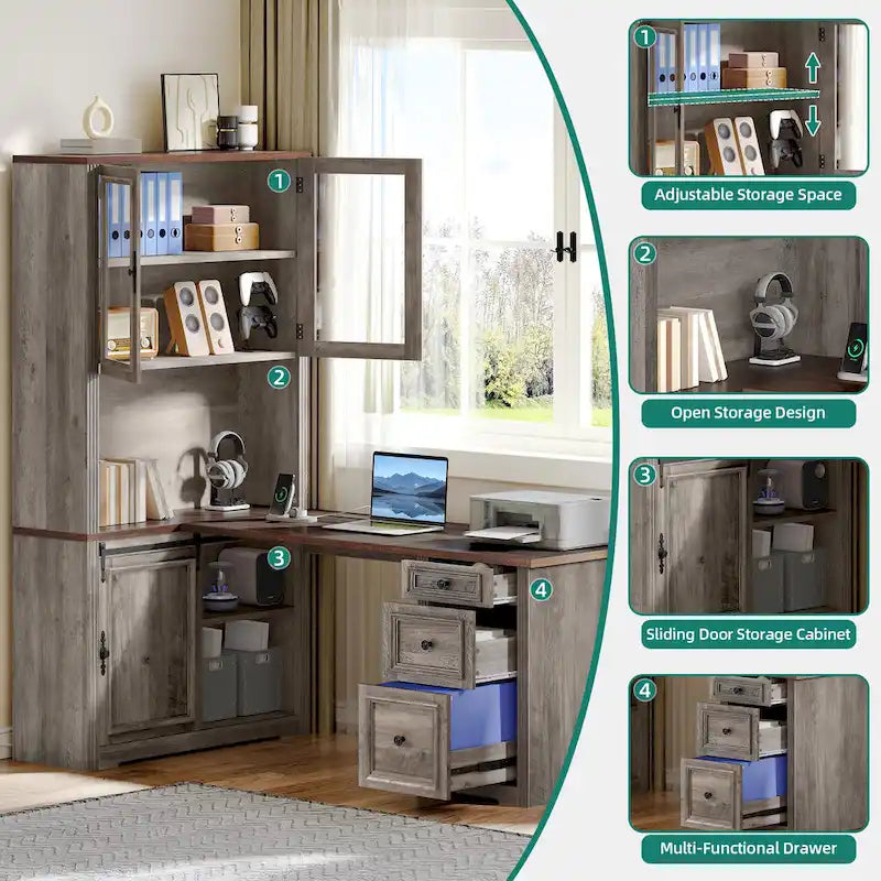 Bureau d'angle avec rangement et tiroirs Moasis Farmhouse pour ordinateur