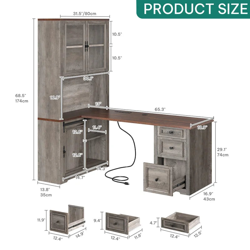 Bureau d'angle avec rangement et tiroirs Moasis Farmhouse pour ordinateur