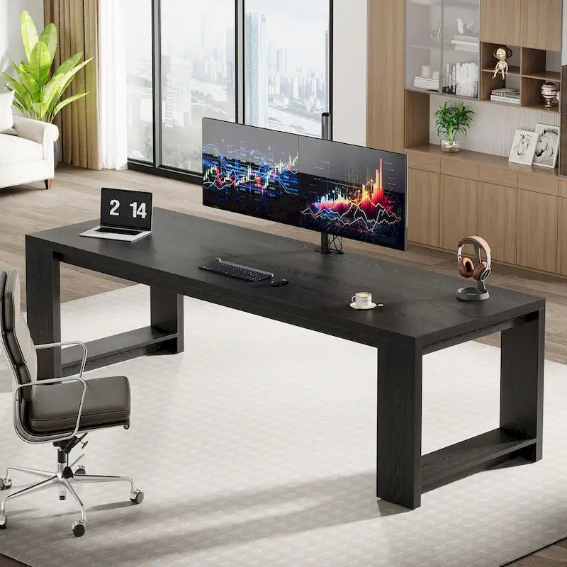 Bureau pour 2 personnes, bureau extra long de 218 cm, poste de travail double avec bureau d'ordinateur