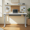 KOWO 55 Bureau électrique blanc réglable en hauteur avec tiroir et panneau arrière, poste de travail assis-debout pour bureau à domicile
