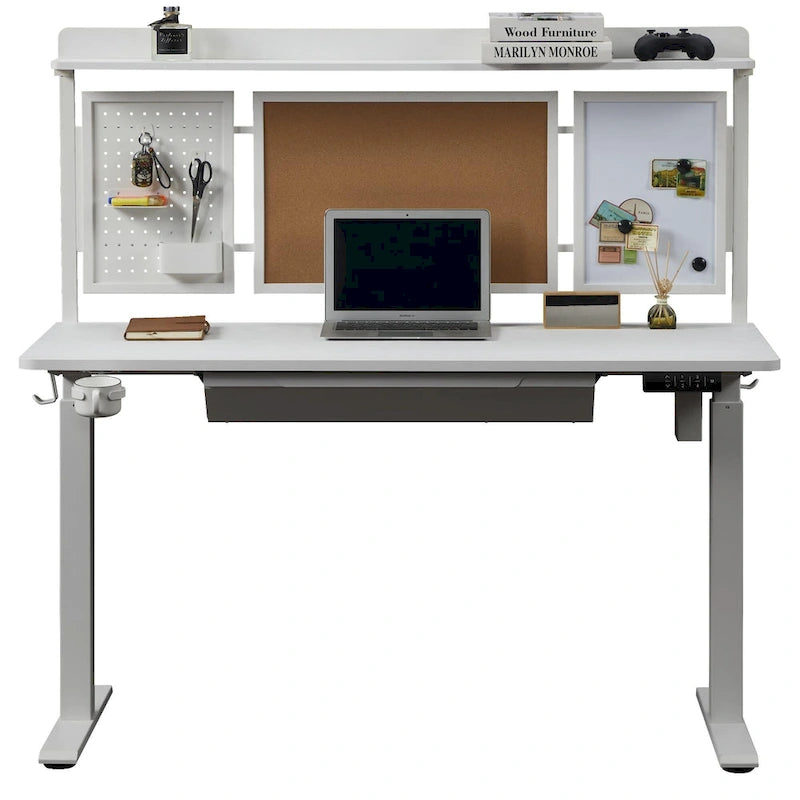 KOWO 55 Bureau électrique blanc réglable en hauteur avec tiroir et panneau arrière, poste de travail assis-debout pour bureau à domicile
