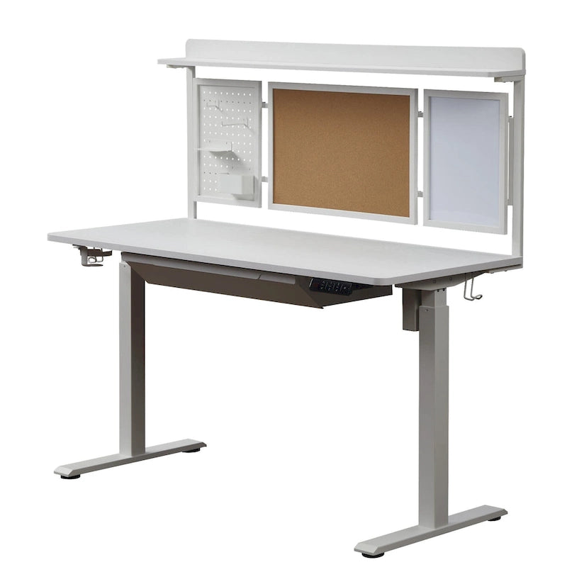 KOWO 55 Bureau électrique blanc réglable en hauteur avec tiroir et panneau arrière, poste de travail assis-debout pour bureau à domicile