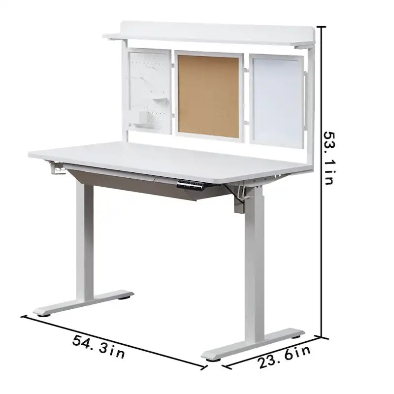 KOWO 55 Bureau électrique blanc réglable en hauteur avec tiroir et panneau arrière, poste de travail assis-debout pour bureau à domicile