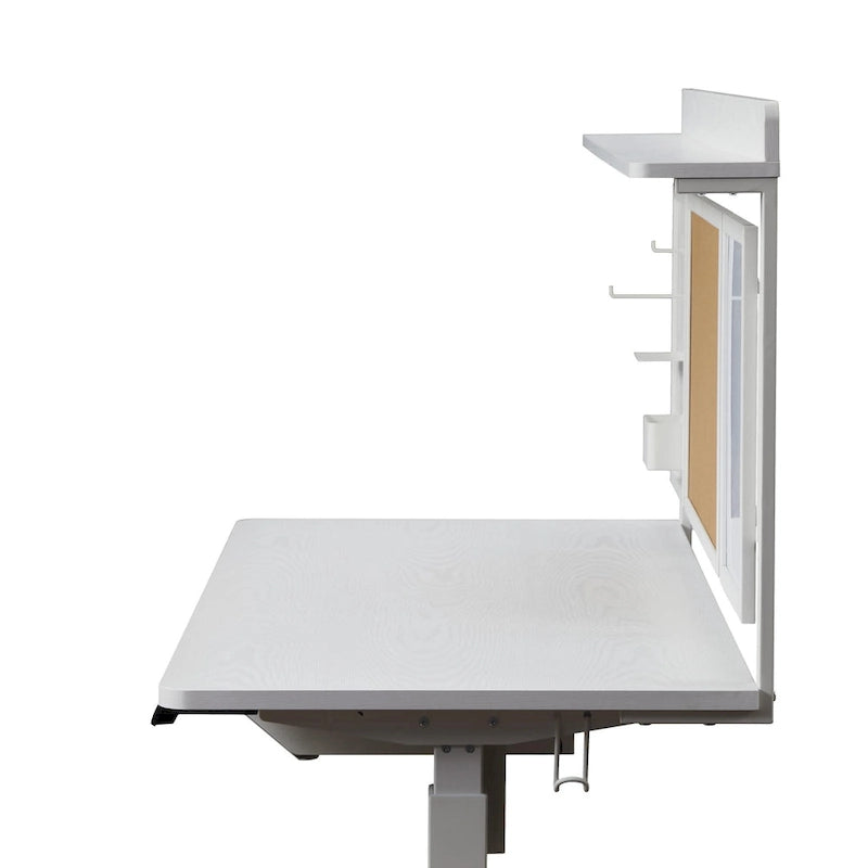 KOWO 55 Bureau électrique blanc réglable en hauteur avec tiroir et panneau arrière, poste de travail assis-debout pour bureau à domicile