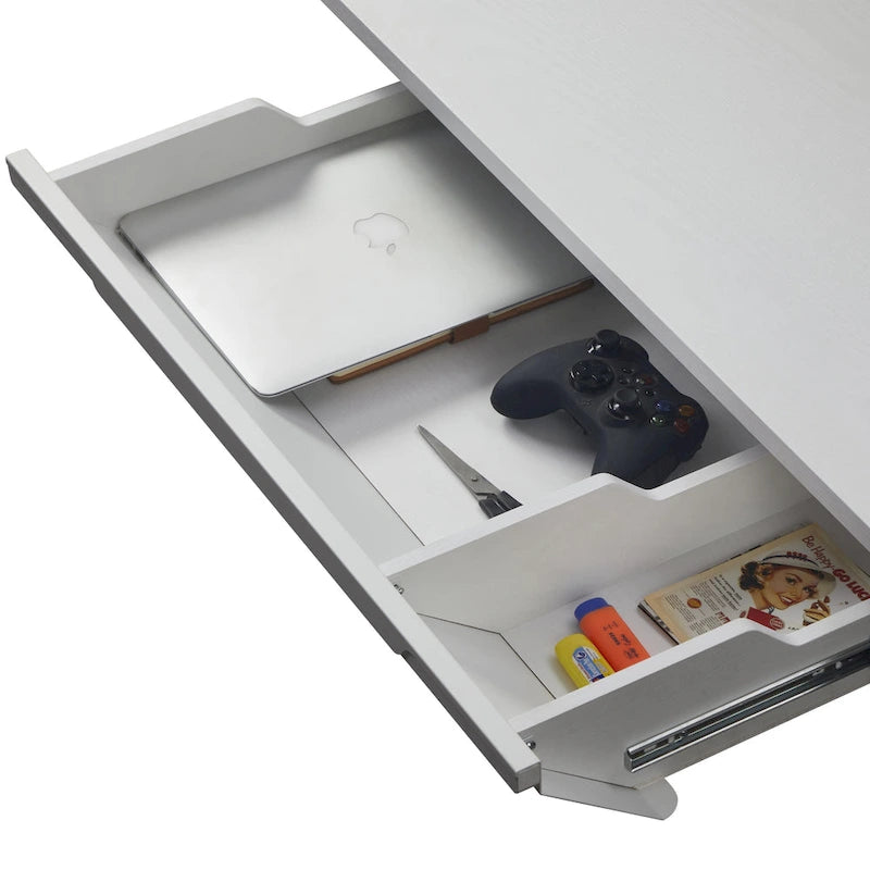 KOWO 55 Bureau électrique blanc réglable en hauteur avec tiroir et panneau arrière, poste de travail assis-debout pour bureau à domicile