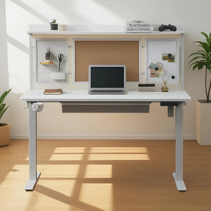 KOWO 55 Bureau électrique blanc réglable en hauteur avec tiroir et panneau arrière, poste de travail assis-debout pour bureau à domicile