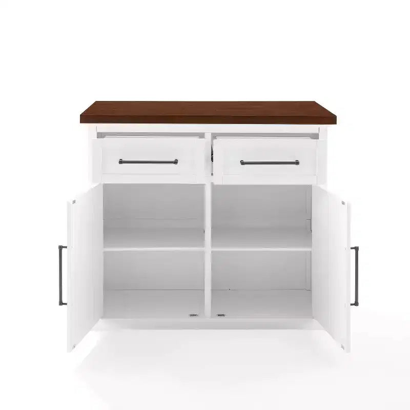 Îlot de cuisine Bartlett Wood Top Blanc/Noyer : Style traditionnel, Étagères réglables, Chariot de rangement