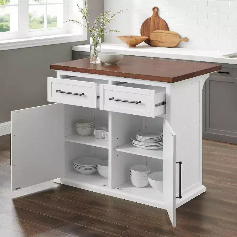 Îlot de cuisine Bartlett Wood Top Blanc/Noyer : Style traditionnel, Étagères réglables, Chariot de rangement