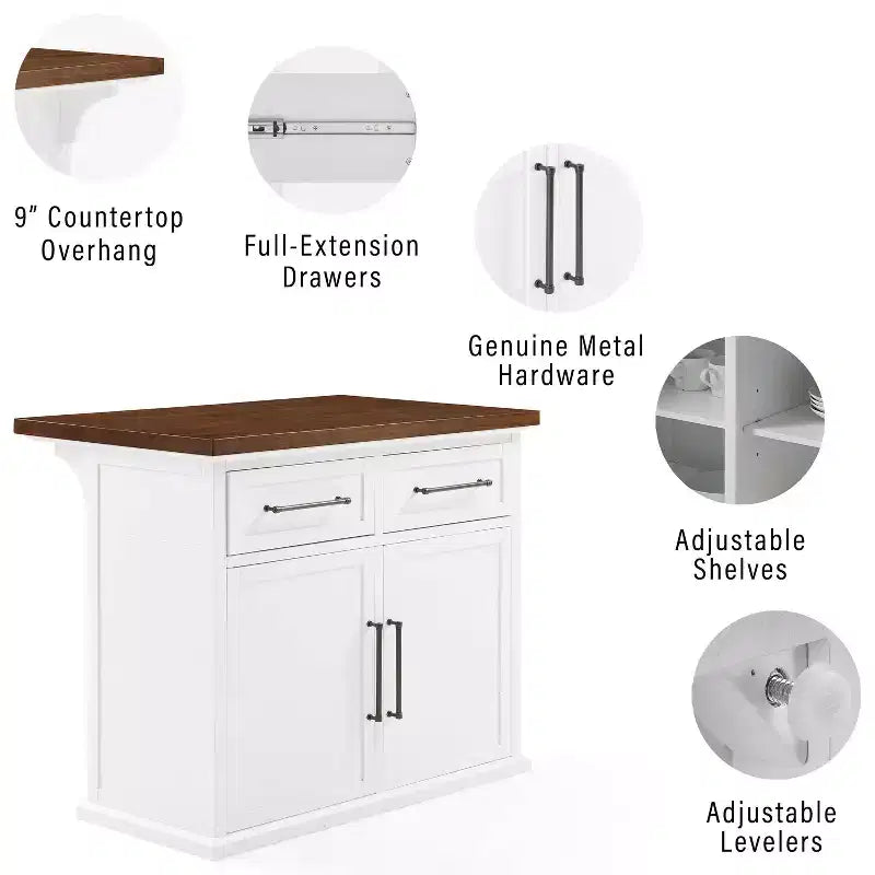 Îlot de cuisine Bartlett Wood Top Blanc/Noyer : Style traditionnel, Étagères réglables, Chariot de rangement