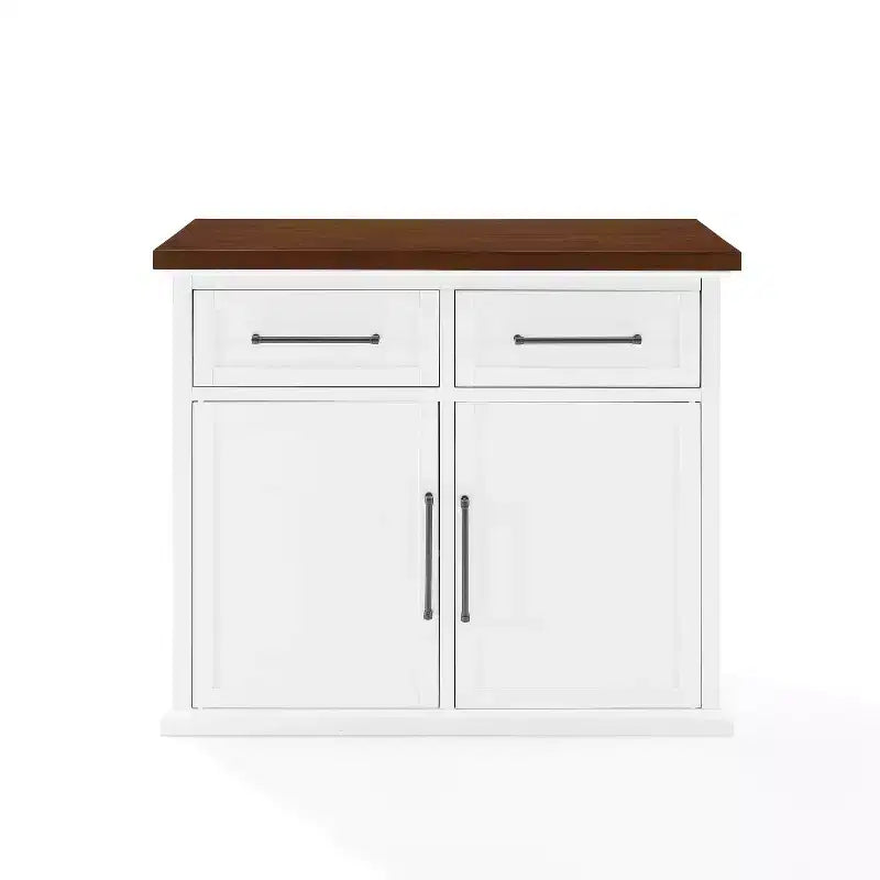 Îlot de cuisine Bartlett Wood Top Blanc/Noyer : Style traditionnel, Étagères réglables, Chariot de rangement